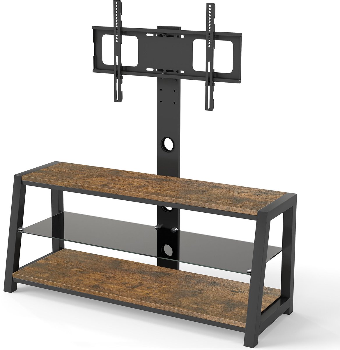 Merax TV-meubel met TV Beugel – TV Kast met Draaibare en Hoogteverstelbare TV Standaard – Hout, Glas en Metaal – Bruin/Zwart