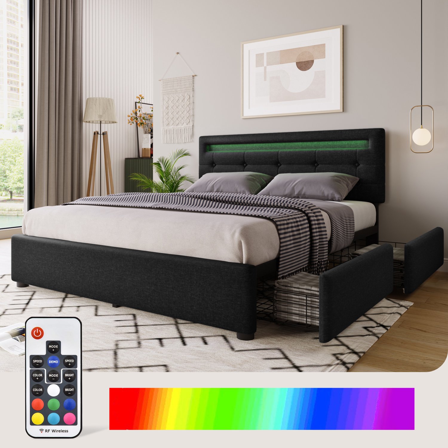 Tweepersoonsbed 140x200 met matras - LED-verlichting, 4 lades en verstelbaar hoofdbord - Gestoffeerd bed met houten lattenbodem, zwart