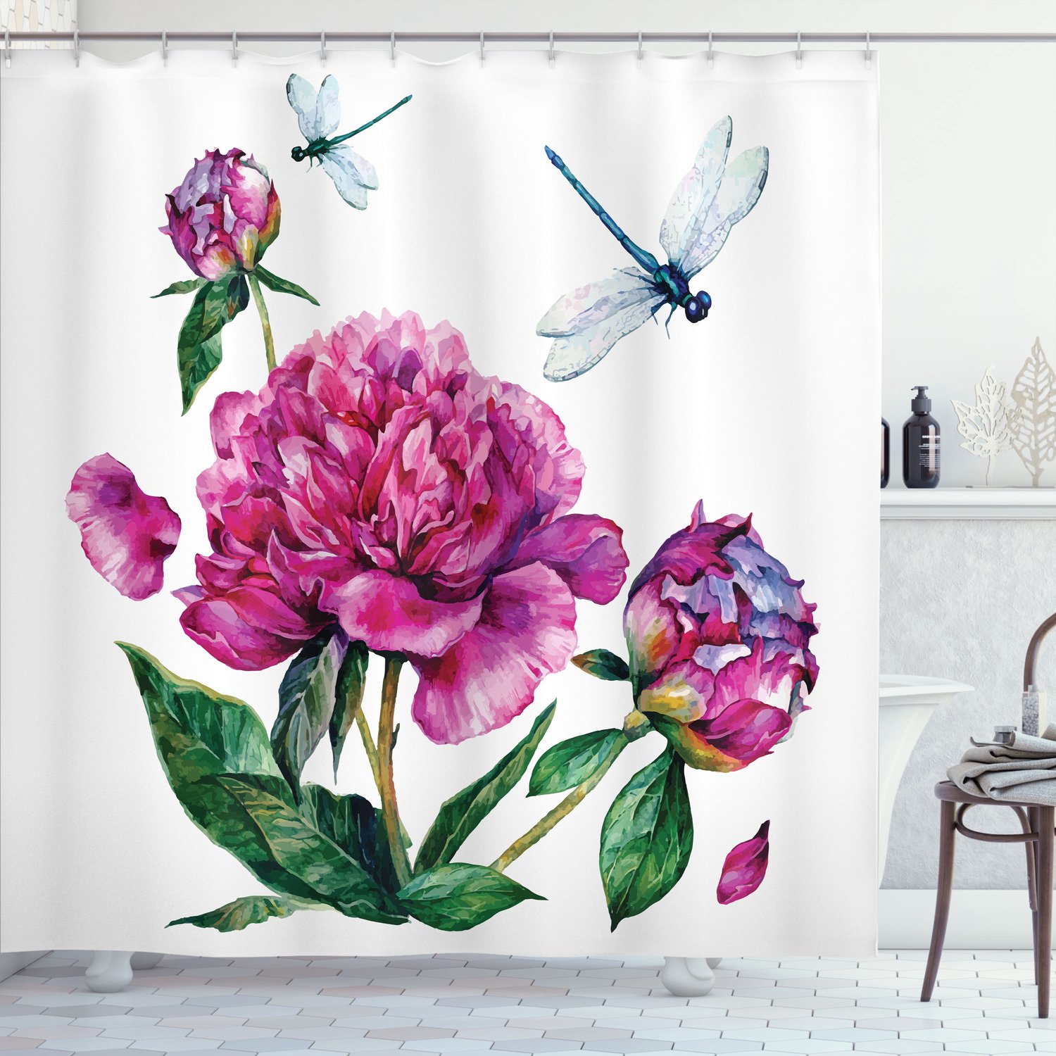 ABAKUHAUS Bloem Douchegordijn, Pioenrozen en Libellen, Stoffen Badkamerdecoratieset met Haken, 175 x 180 cm, Meerkleurig