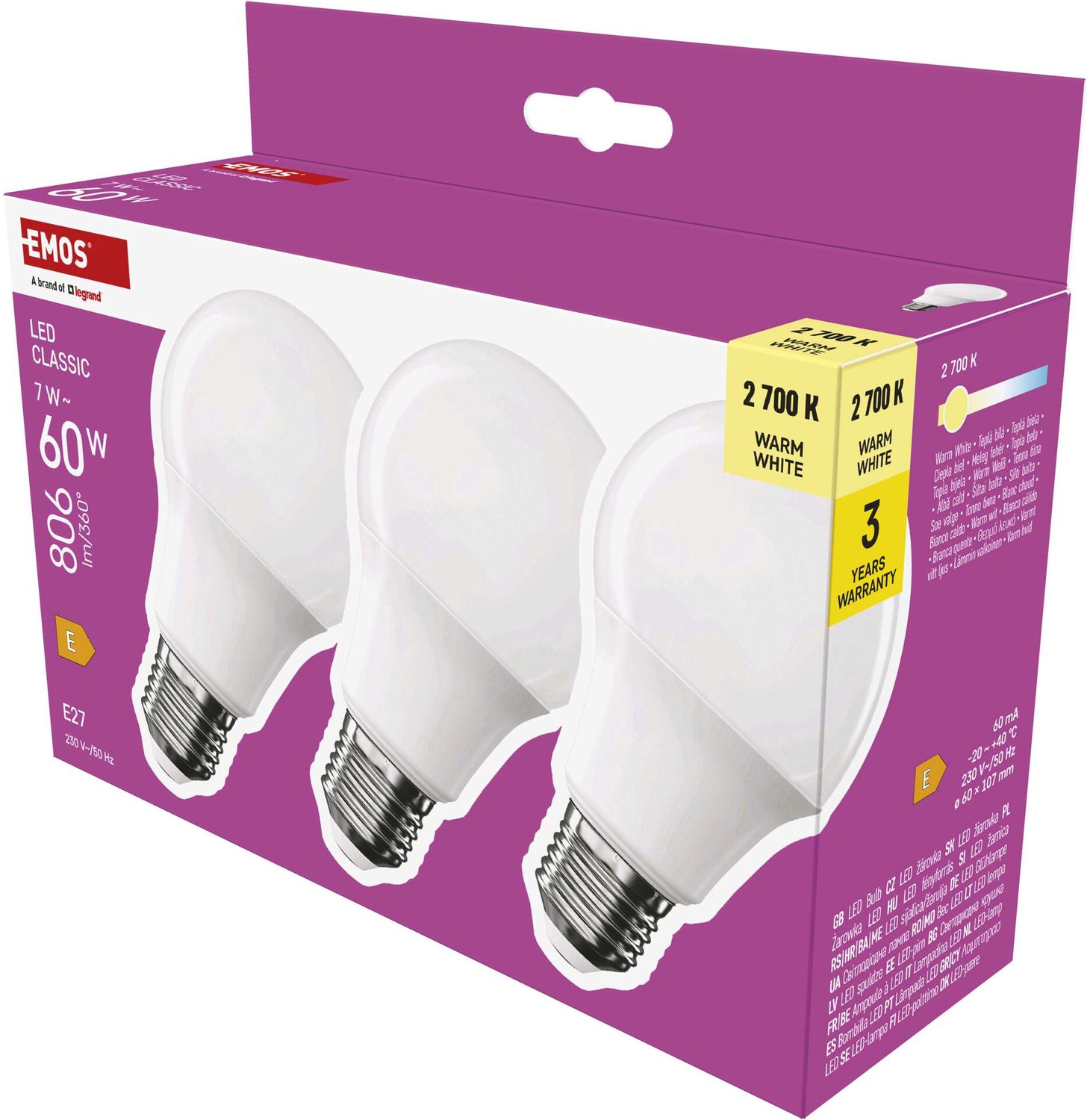 EMOS LED-lamp Classic A60 / E27 / 7 W (60 W) / 806 lm / warmwit / 3 stuks, ZQ5E41.3