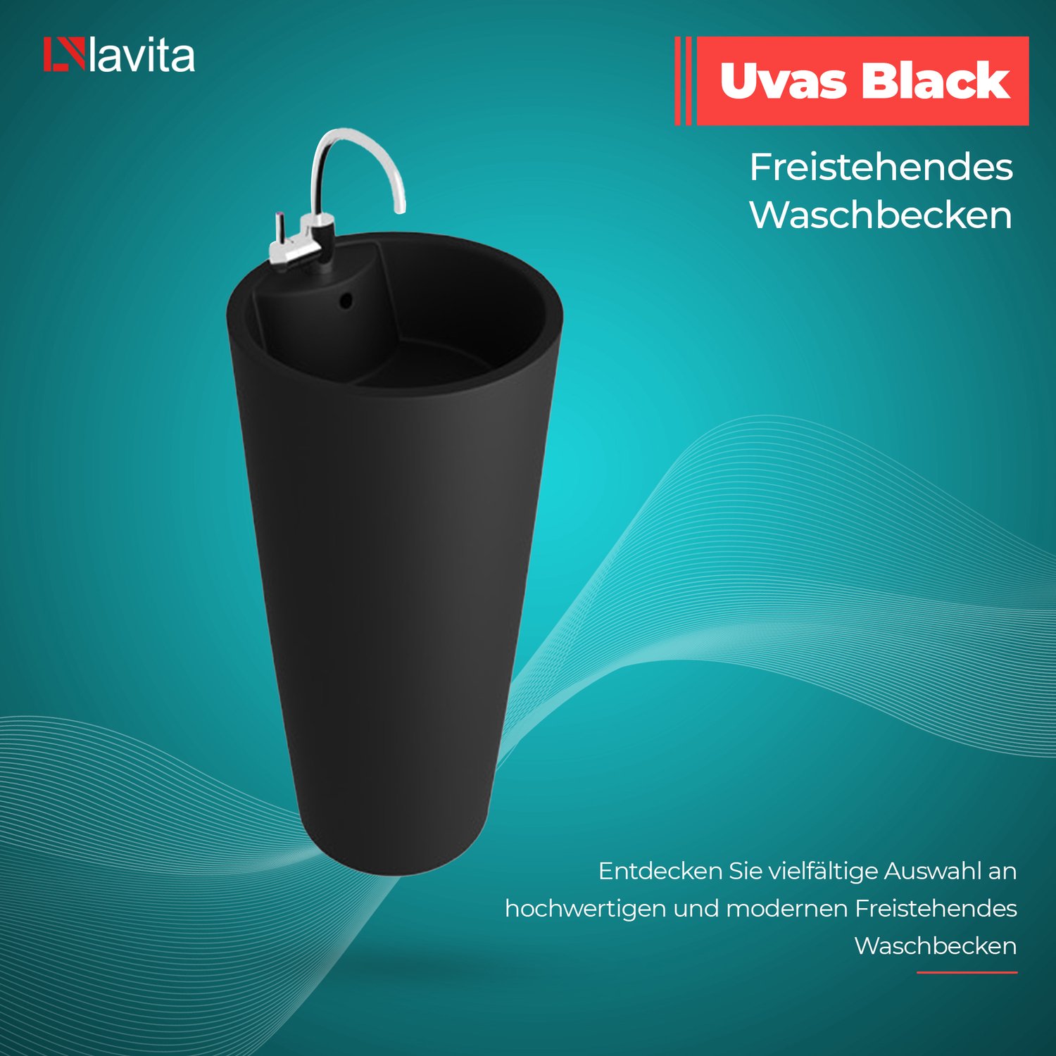 lavita Standwaschbecke Uvas zwart - Freistehendes wastafel Ren - wastafel met overloop en Hahnloch - van hochwertigem porselein - Bodenstehende