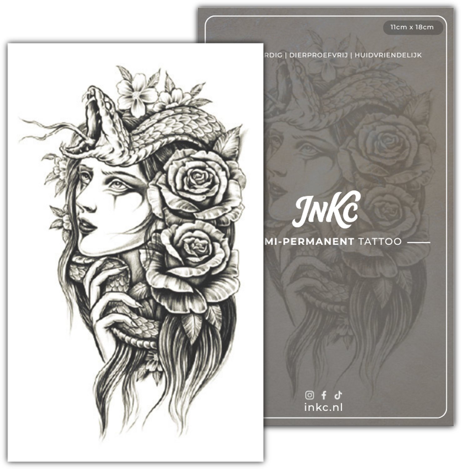 INKC - Tijdelijke Tattoo - Vrouwenslang Roos - Nep Tattoo - Plak Tattoos - Blijft tot 2 weken - 11 x 18cm