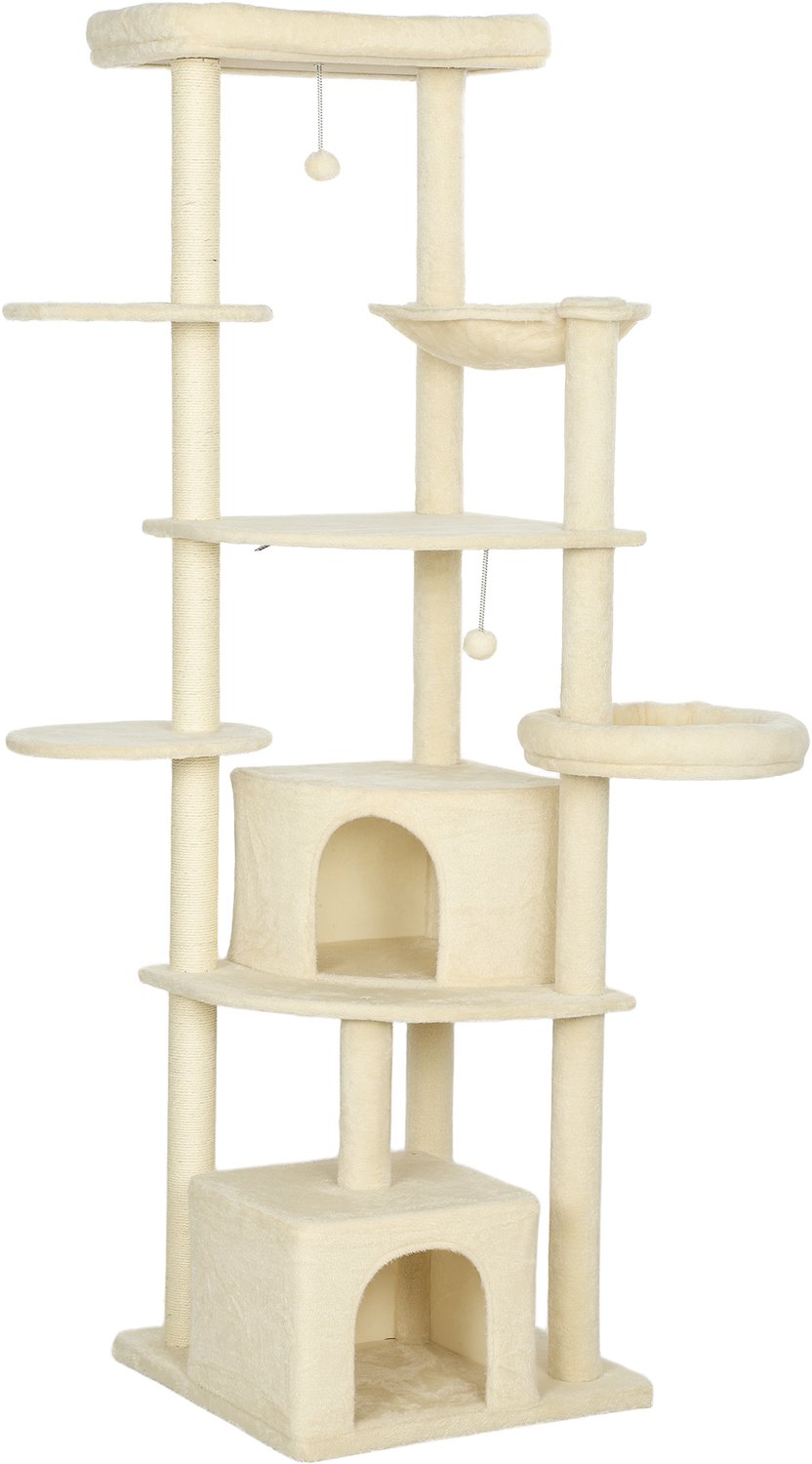 Pawona Krabpaal - 200 cm hoog - Met 2 huisjes, 2 ligplekken en hangmat - Voor 2-3 katten - 59 x 59 x 200 cm - Beige