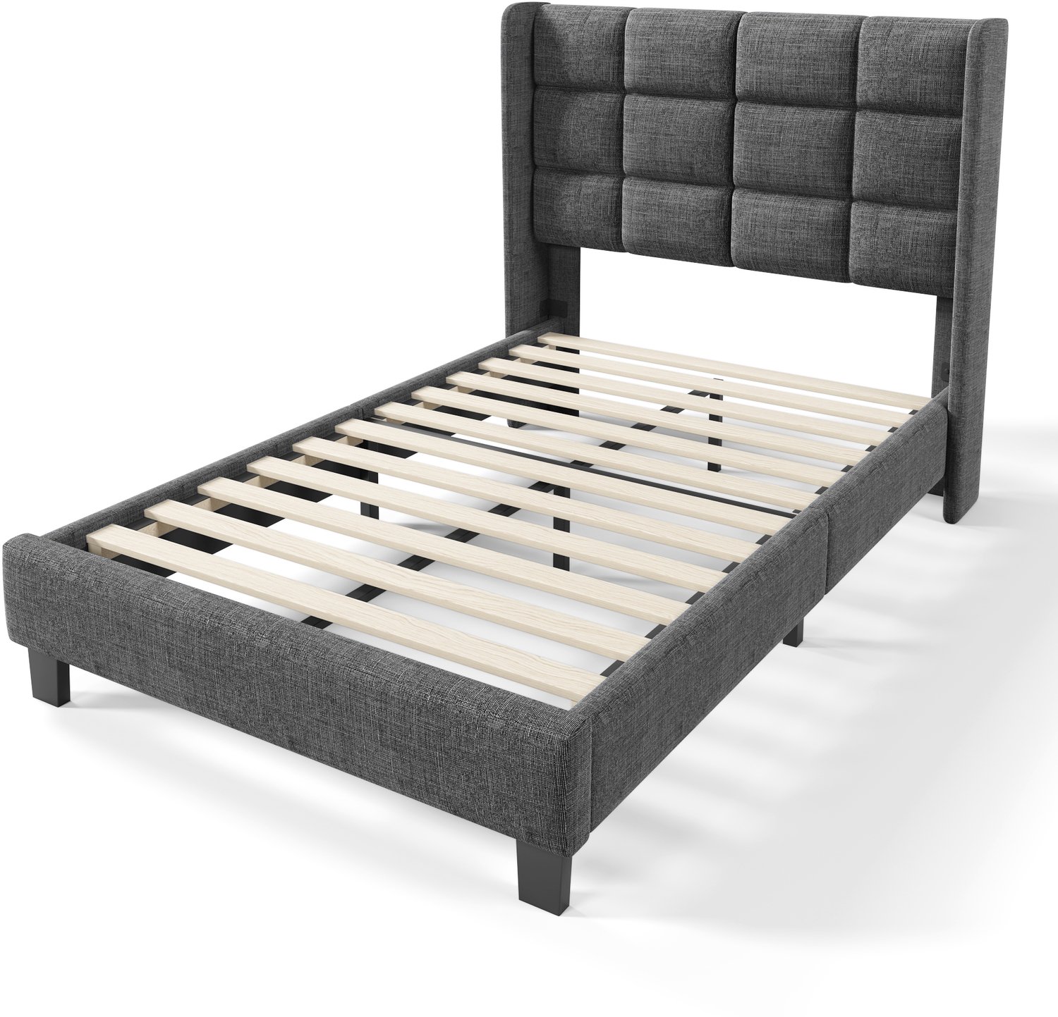 Gestoffeerd Eenpersoonsbed 90x200 cm - Met Gepolsterd Hoofdbord En Houten Lattenbodem - Grijs Bed Met Linnen Bekleding En Matras