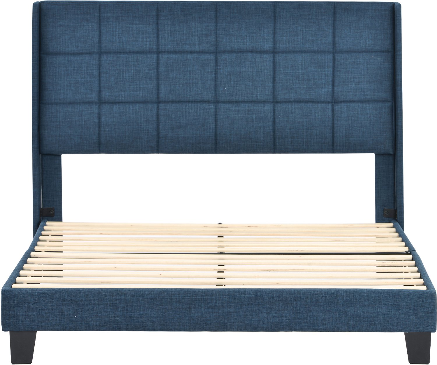 Gestoffeerd Bed 140x200 cm - Met Pocketveringmatras En Lattenbodem - Hoog Gepolsterd Hoofdbord - Blauw Linnen Bed Met Zwarte Poten