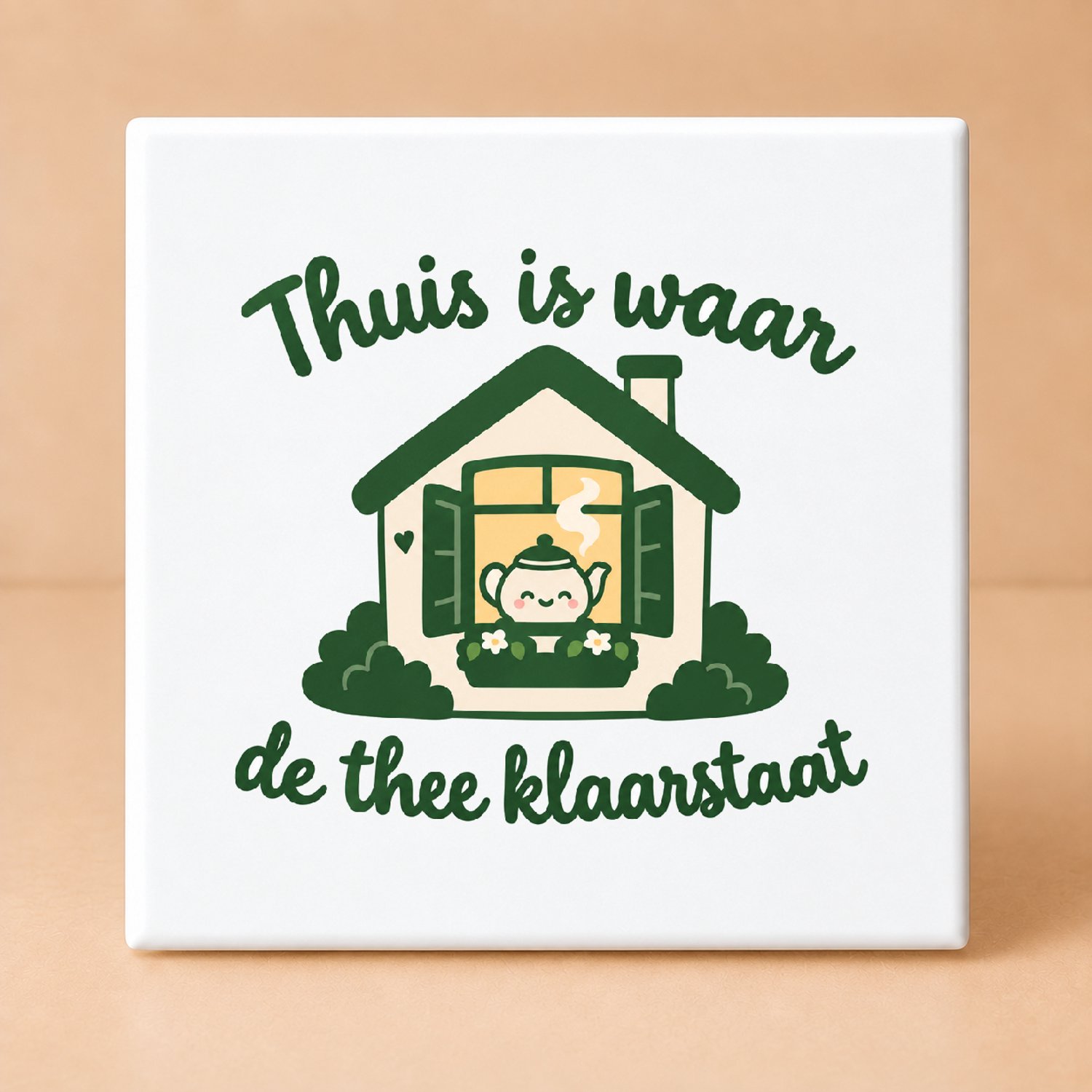Bedruk King Schattige Kawaii Tegel "De thee-tante in winterstand" – Liefdevolle Theequote Tegel voor Knusse Thuisbelaanders - 15 x 15 cm Wit