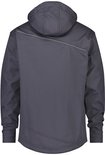 Grijs DASSY softshell werkjack van achteren gezien, met capuchon en reflecterende accenten.