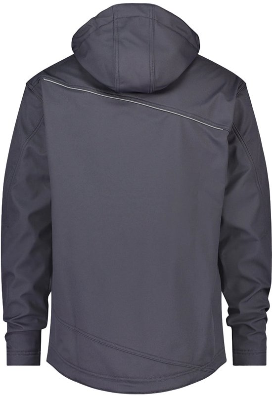 Grijs DASSY softshell werkjack van achteren gezien, met capuchon en reflecterende accenten.