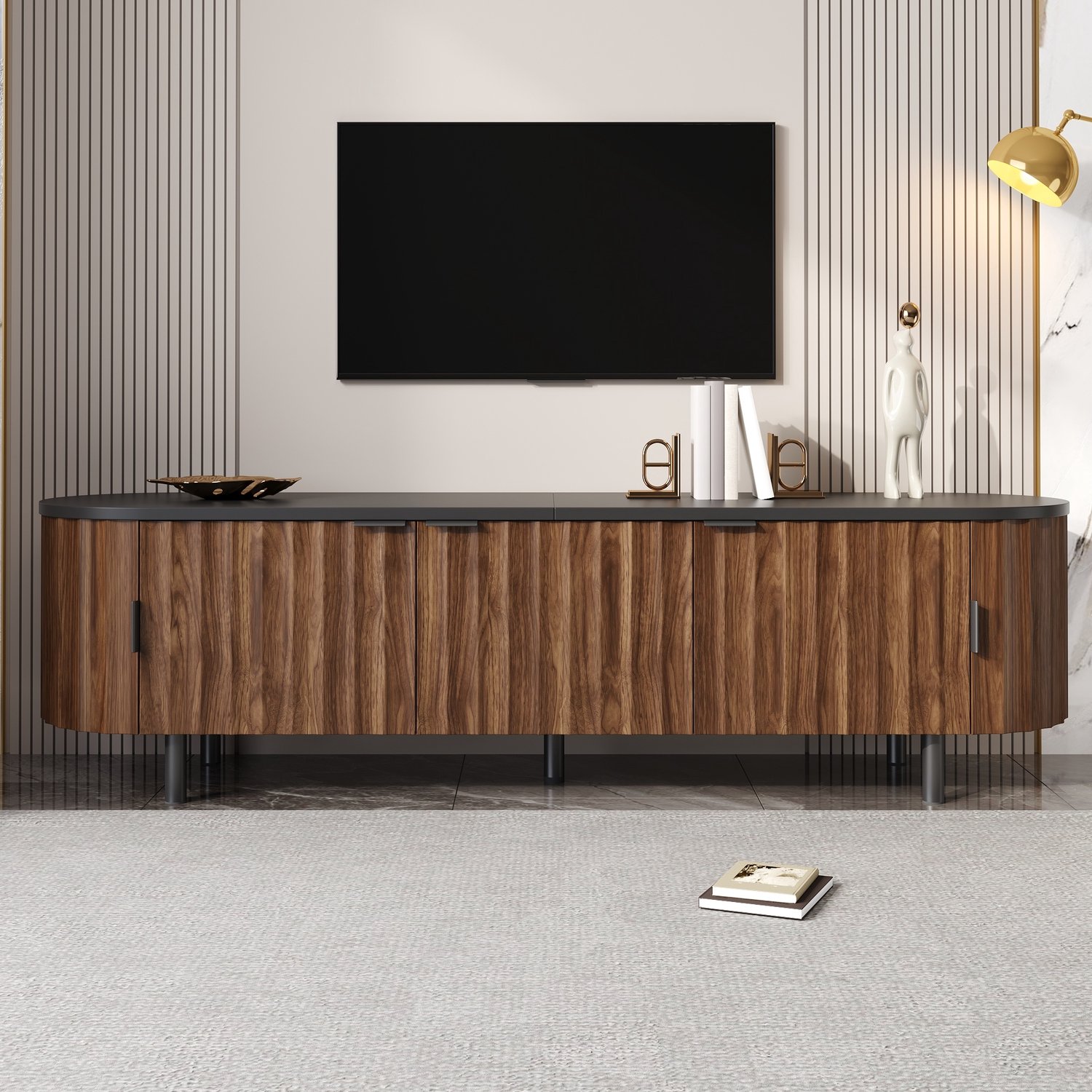 VVBV TV Meubel / TV Kast 165x40x46 cm – 4 Lades, Opbergruimte, Schuifdeur, Afgeronde Hoeken – MDF – Walnoot