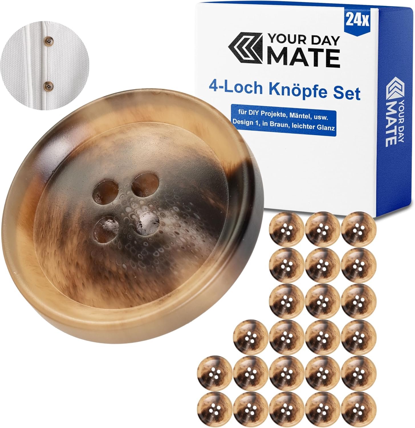 24x Bruine Polyester Knopen, 4 Gaten, 25.2mm, Maat 40L