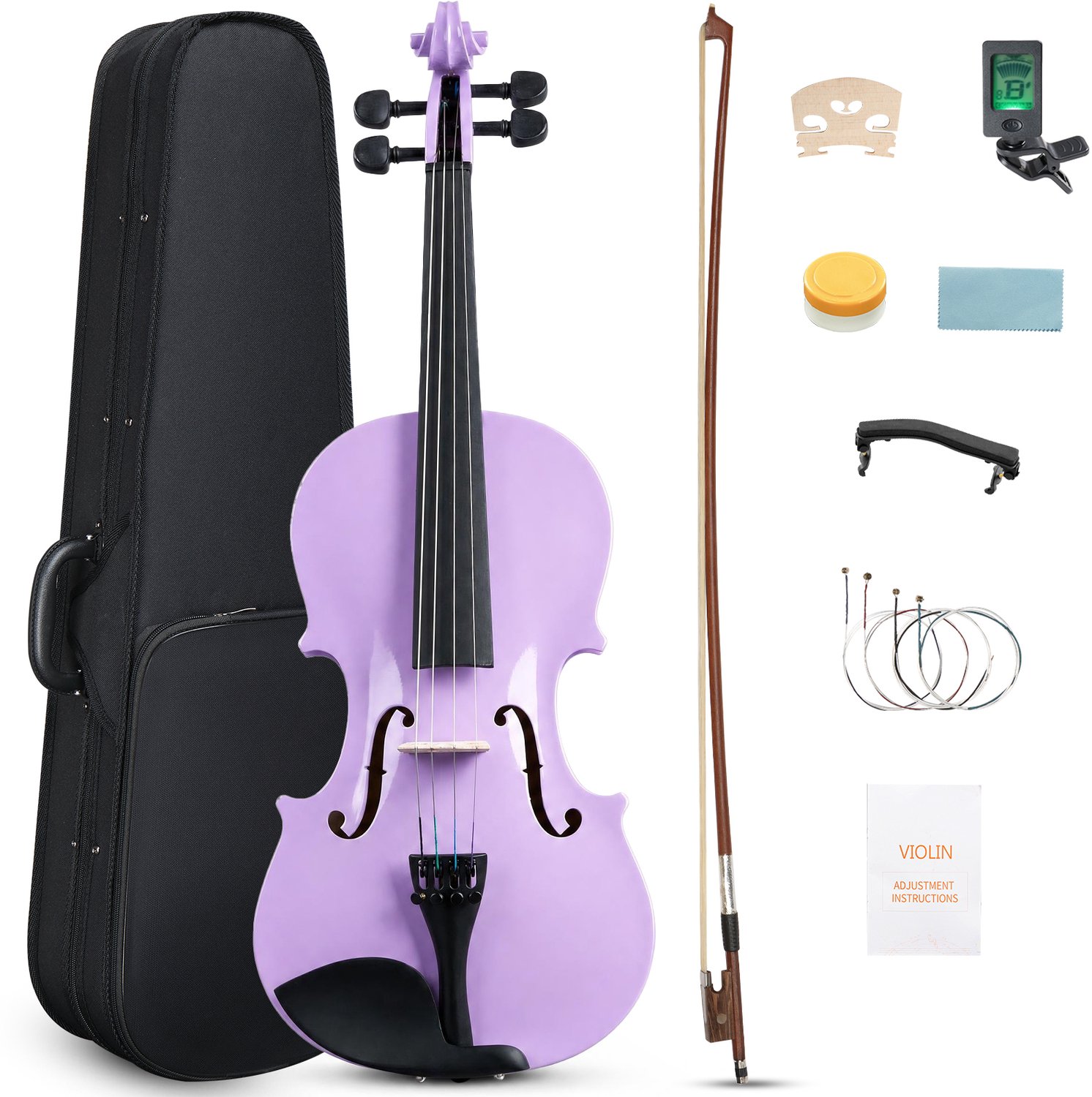Viool 4/4 van massief esdoornhout, Complete set met koffer, strijkstok, stemapparaat en accessoires - Ideaal voor beginners en kinderen, Paars