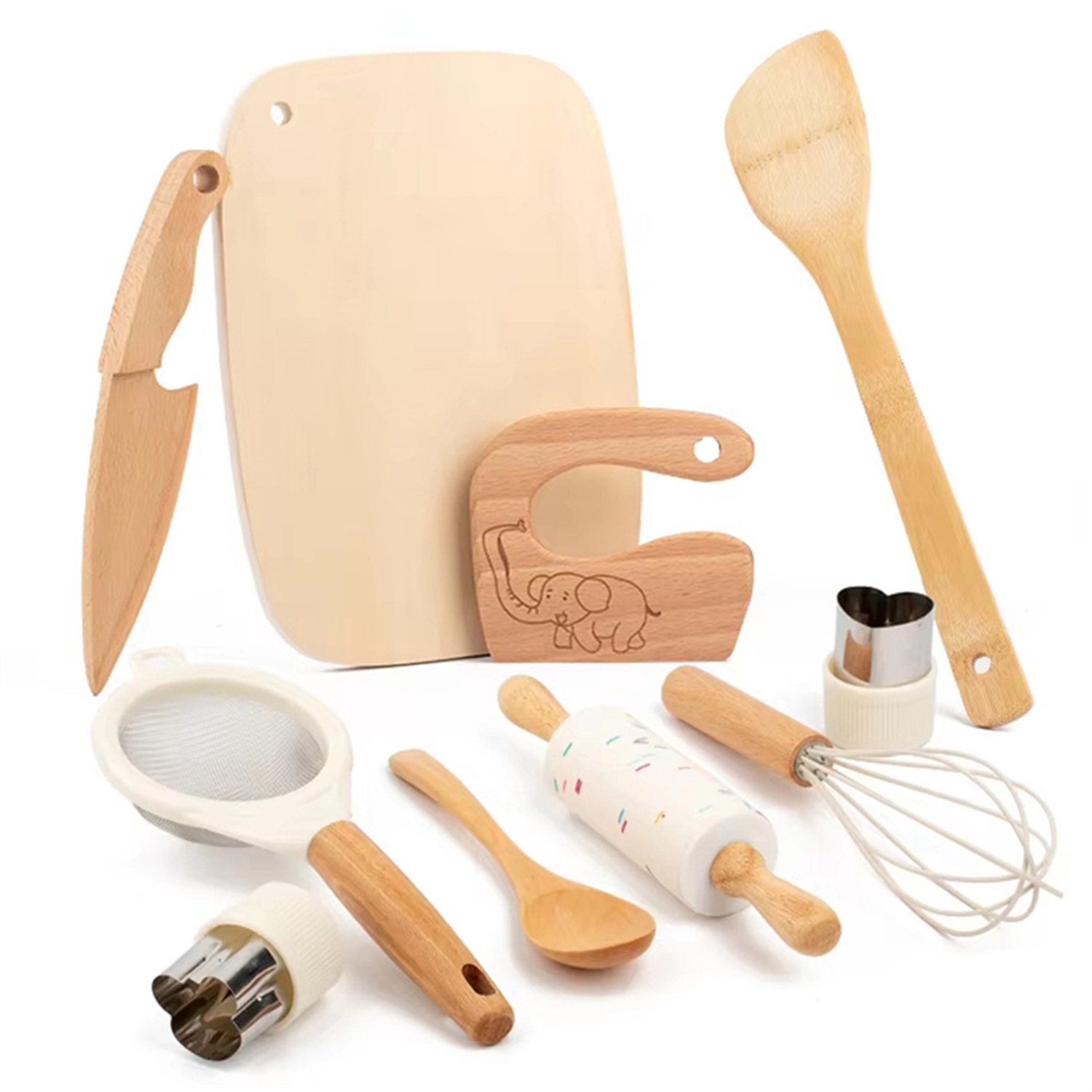 10 stuks Montessori Keukenset voor Peuters - Houten Kindvriendelijk Mes - Koken met Kinderen - Kindermessen - Keukenspeelgoed voor Rollenspellen - Educatief Speelgoed - Cadeaus voor Jongens en Meisjes
