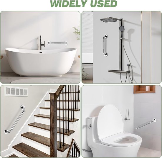 Vier collages met de tekst 'WIDELY USED' tonen de wandbeugel gemonteerd in een bad, douche, bij een trap en een toilet.