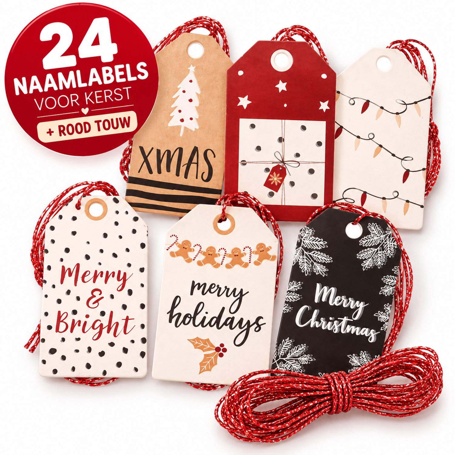 Cadeaulabels Kerst - 24 Naamkaartjes met Rood Touw - Luxe Kerst Labels