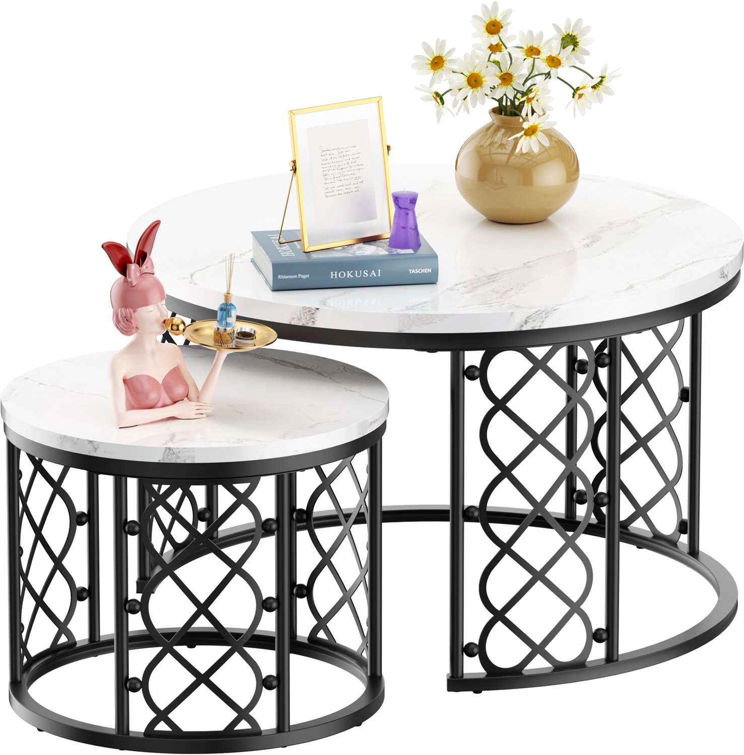 CHICFURN Salontafel 70 cm - Nestbaar - 2-delige set - Metalen frame - Woonkamer, slaapkamer of balkon - MDF en metaal - Goud-wit of zwart-wit Wit+Zwart