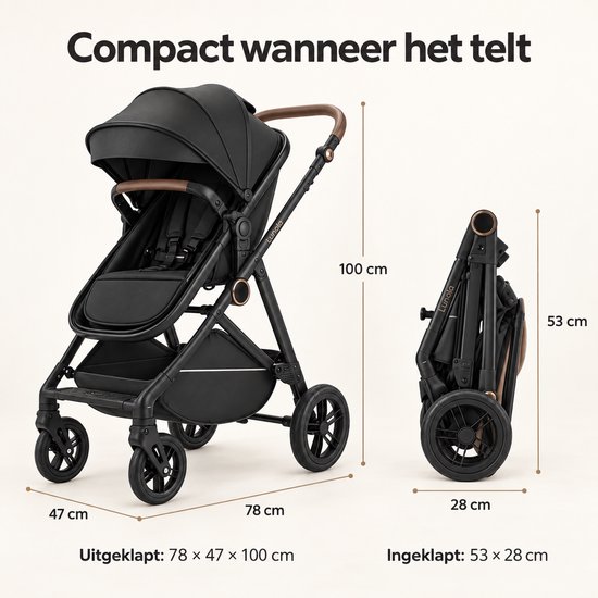 Lunola Noor Premium Kinderwagen 2 in 1 - Combi met Reiswieg en Omkeerbaar Zitje - Compact Inklapbaar - Buggy en kinderwagen voor 0 tot 3 Jaar - Zwart — afbeelding 4