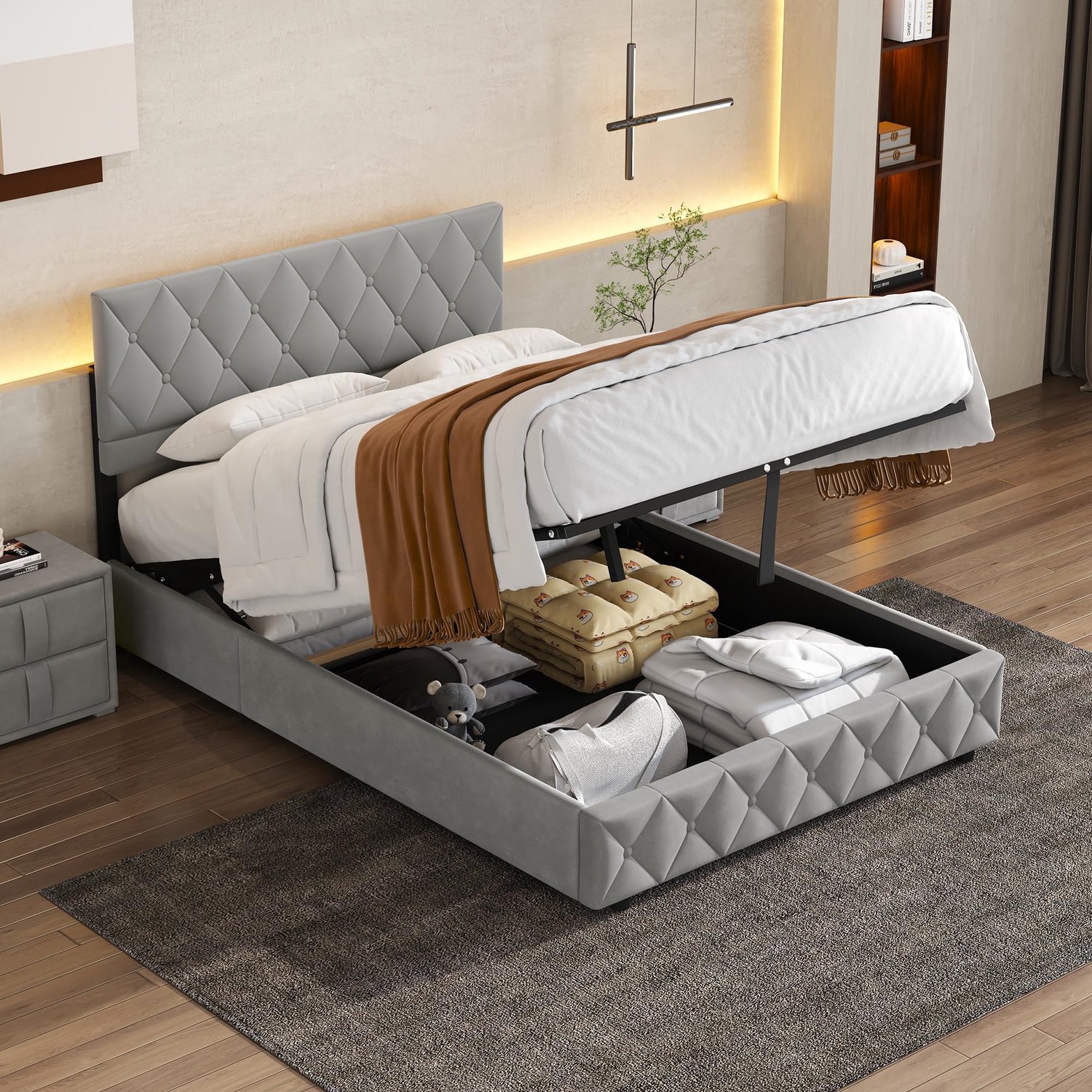CHICFURN Gestoffeerd Bed 140x200 cm - Slaapkamer - Geluiddempende latten - Middenbalk met steunpoten - Fluweel - Grijs