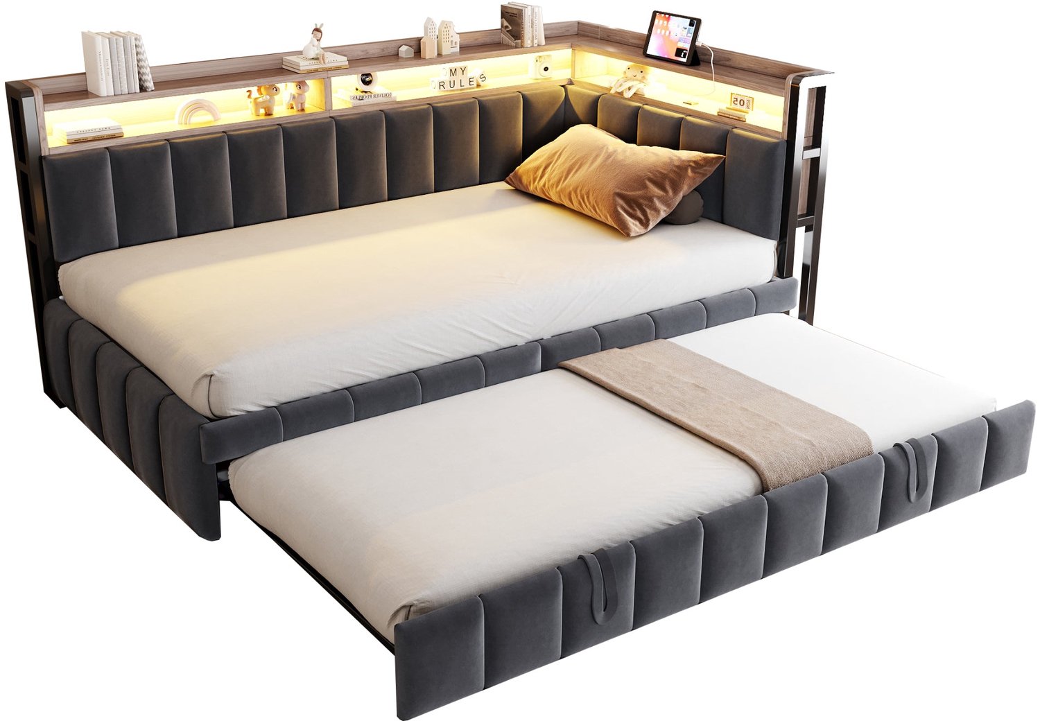 Merax Slaapbank 90 x 200 cm - Uitschuifbaar Logeerbed 90 x 190 cm - Fluwelen Stof - LED Verlichting - USB en Type C Aansluitingen - Donkergrijs