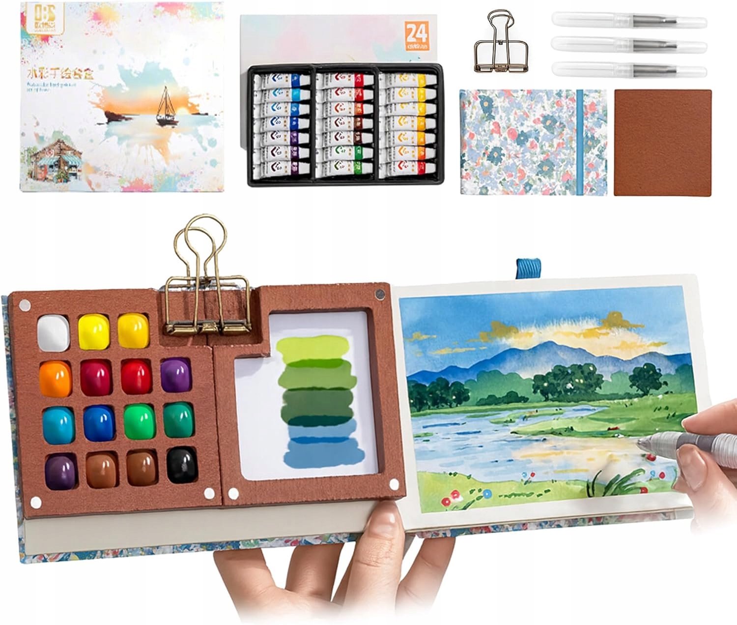 Draagbare Aquarelset met 24 Kleuren, Houten Palet en Penseel