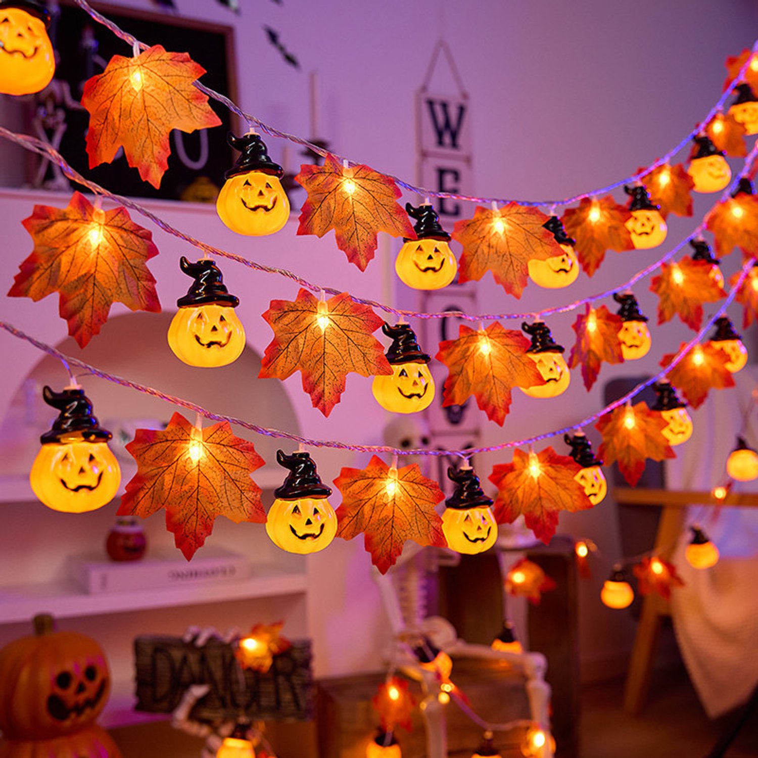 YAGXIG Halloween-lichtslinger – Esdoornblad-lichtslinger – Halloween-decoratie – Thanksgiving-decoratie – Sfeerverlichting – 6 meter, 40 lampjes – Werkt op batterijen – Thuis & Feest – Herfstdecoratie – Zwarte pompoen + esdoornbladeren