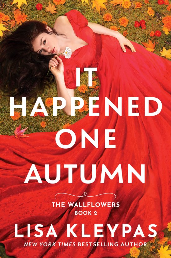 Femme en robe rouge allongée dans des feuilles d'automne sur la couverture du livre It Happened One Autumn de Lisa Kleypas.