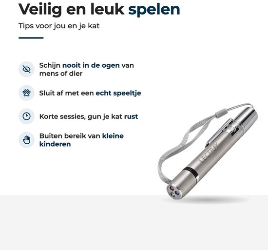 Zilverkleurige LECTRIK laserpen en instructies voor veilig spelen met de kat, inclusief waarschuwingen.