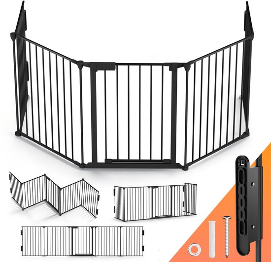 Barrière de sécurité en métal noir avec porte centrale, illustrée en différentes configurations et pièces de montage.