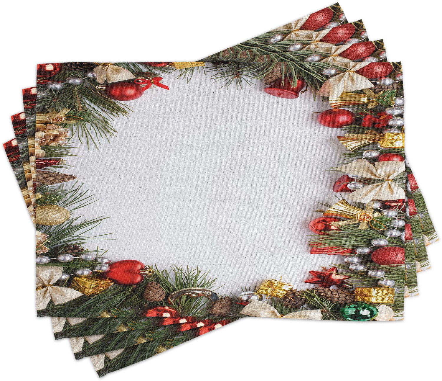 ABAKUHAUS Kerst Placemats Set van 4, Versierde Nieuw Jaar Boom Versierde Gedecoreerde Spar Naalden Spar Kersttijd Rand Print, Wasbare Stoffen Placemats voor de Eettafel, Standaardformaat, Groen Wit