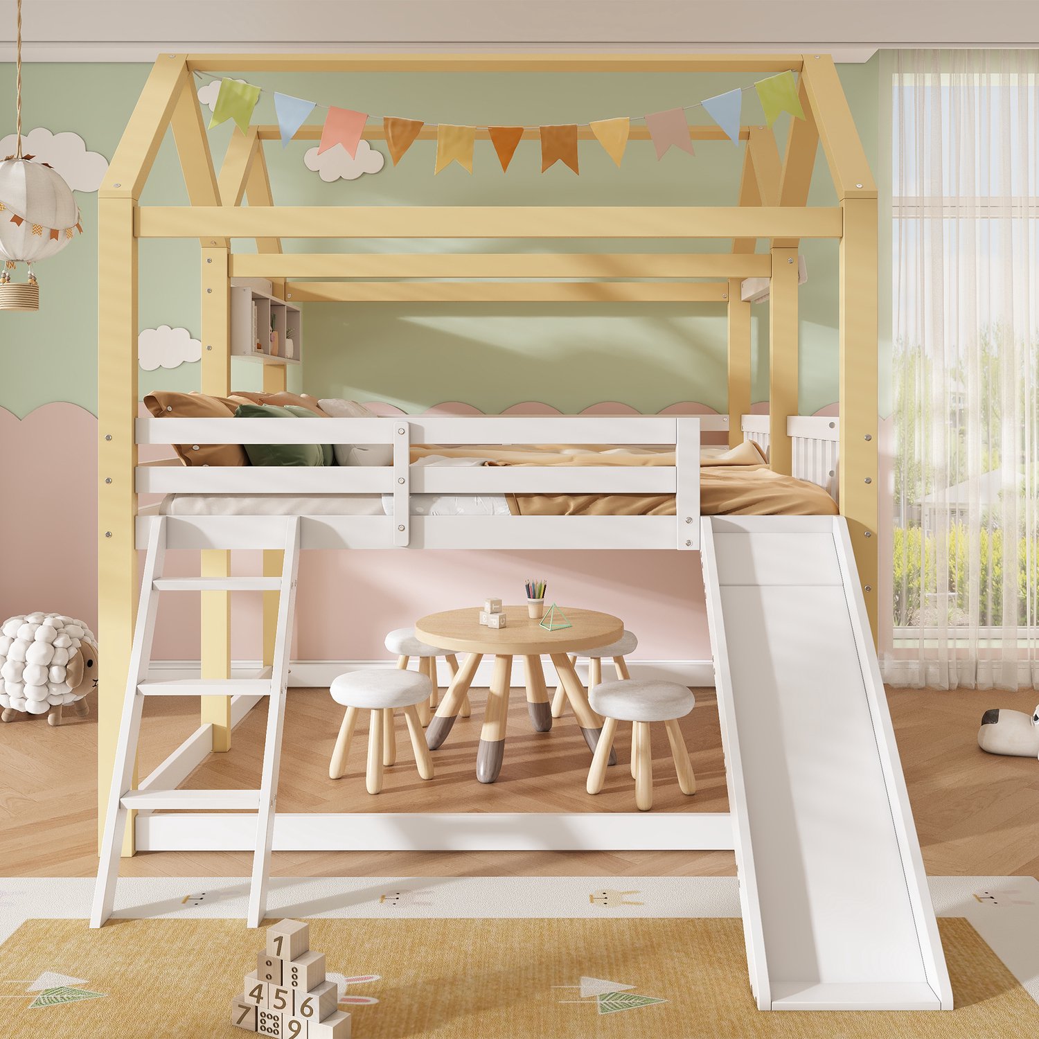 VVBV Hoogslaper 90x200 – Glijbaan, Ladder, Huisbed Design, Speelruimte Onder Bed – Hoogslaper met Glijbaan – Hout – Wit/Naturel