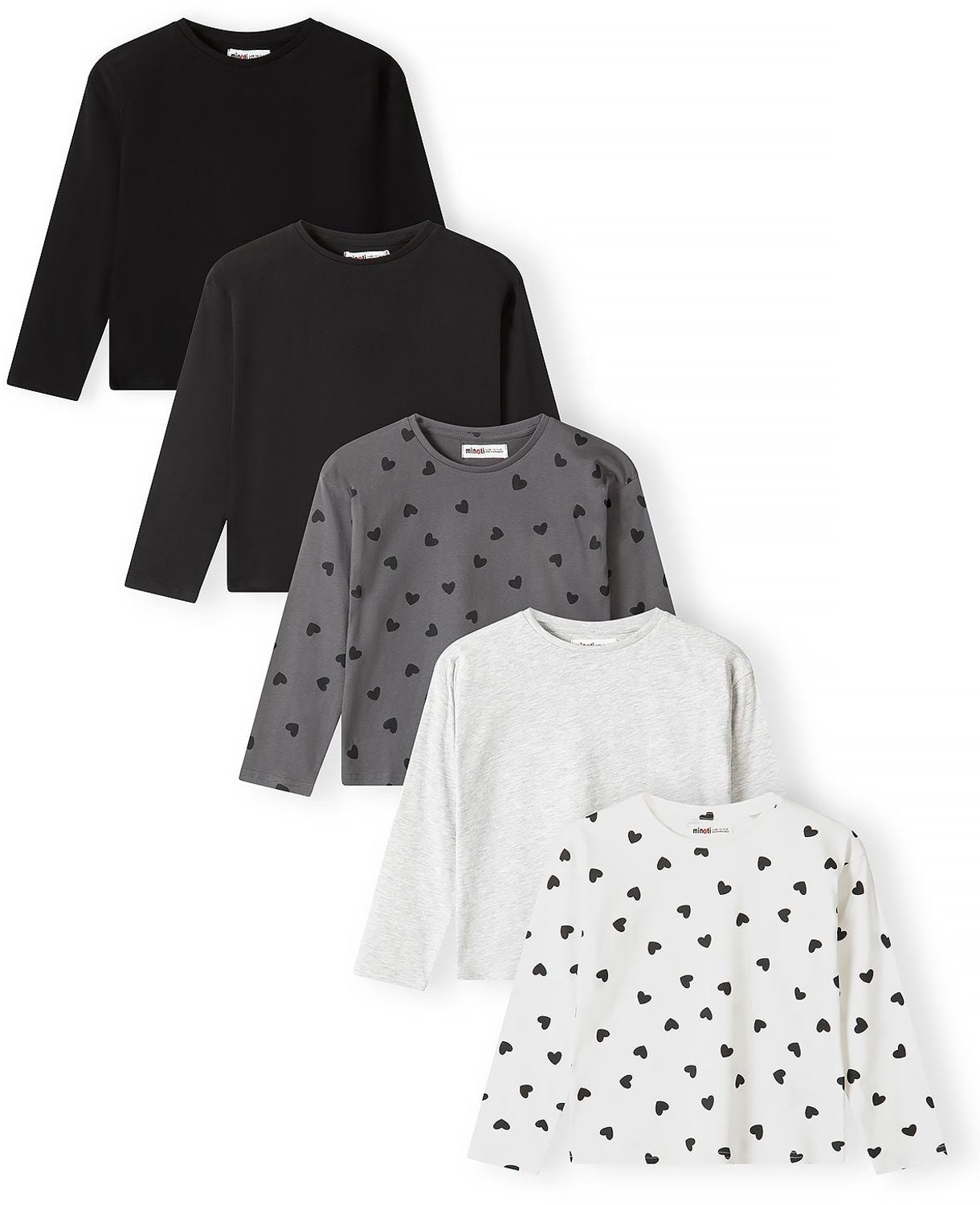 Minoti longsleeve meisjes – 2 hartjesprints en 3 effen – 5-pack – meerkleurig