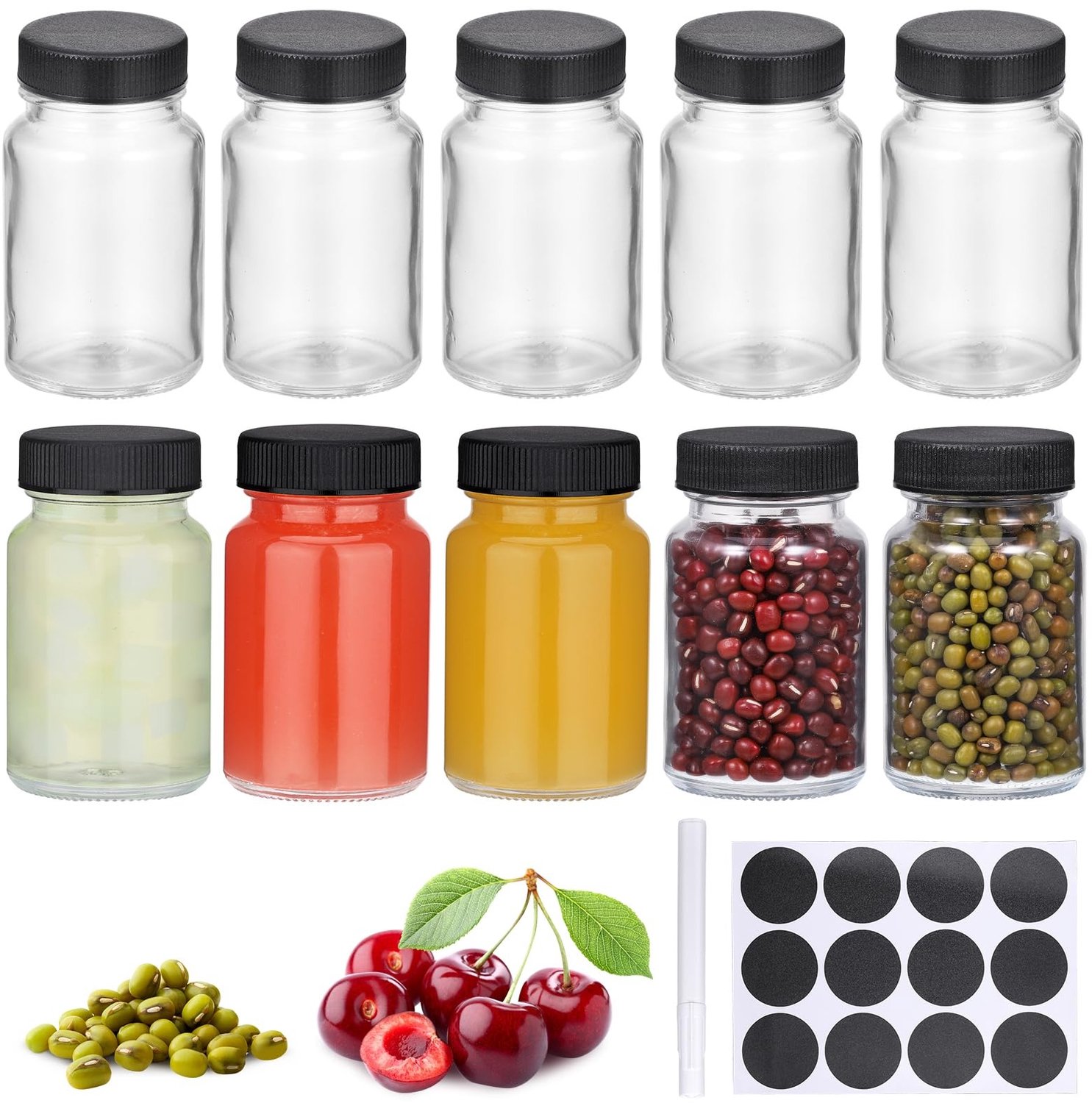 Famanu – 10 Stuks Glazen Shotflessen met Deksel, 60 ml, Herbruikbare Mini Flessen, Zwart Deksel