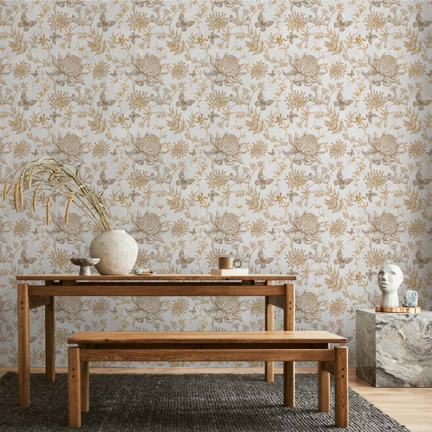 Behang - Beige flowers and butterflies on white background