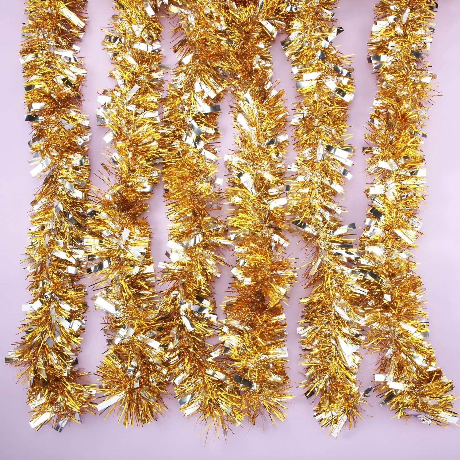 6-delige Kerstguirlande, 12m Metallic Guirlande, Glitterende Versiering voor Kerstboom, Krans en Feestdecoratie (Goud Zilver) – foto 2