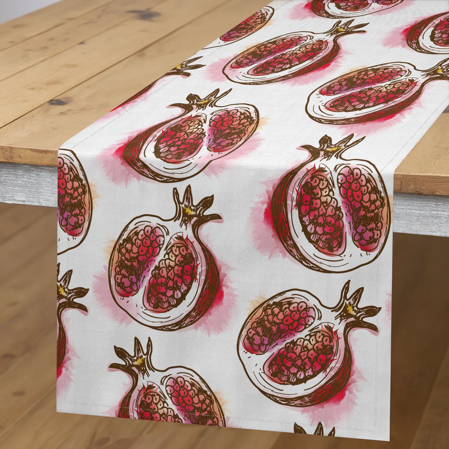 ABAKUHAUS Fruit Tafelloper, Bloeiende Granaatappel, Rechthoekige Decoratieve Tafelloper voor Eetkamer en Keuken, 40 x 180 cm, Fuchsia Omberbruin Poederroze Rood
