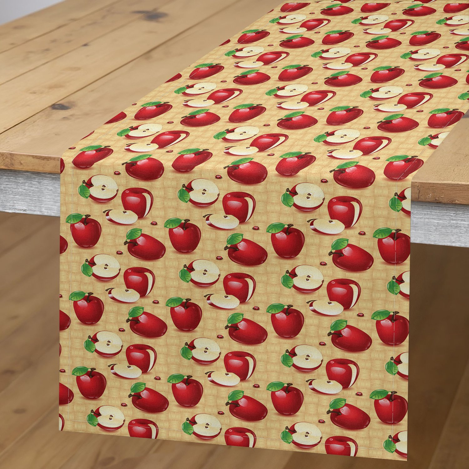 ABAKUHAUS Fruit Tafelloper, Rode Appels Heel en Gesneden op Rieten Natuurlijke Houten Illustratie, Rechthoekige Tafelloper voor Eetkamer en Keuken, 40 x 300 cm, Zandbruin Groen Rood