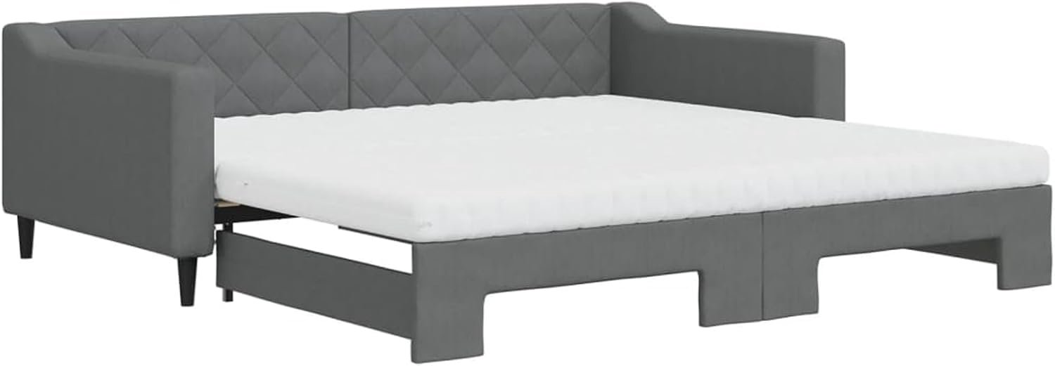 2-in-1 opklapbare slaapbank met twee schuimmatrassen (100 x 200 cm), structuur van hout en metaal, bekleed met donkergrijze stof, ideaal voor woonkamer of slaapkamer, 223 x 212,5 cm (uitgeschoven)