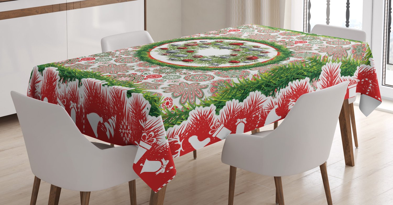 ABAKUHAUS Kerst Tafelkleed, Dennenkrans ornamenten, Geschikt voor binnen- en buitengebruik, wasbare print met heldere kleuren zonder vervaging, 140 x 200 cm, Meerkleurig