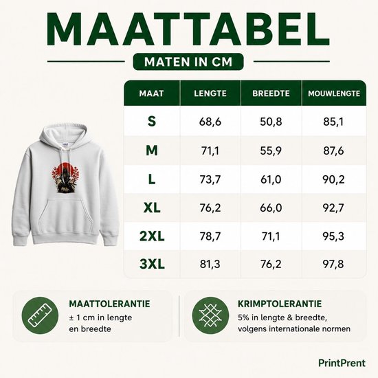 Maattabel met maten in cm voor een hoodie, met afmetingen voor lengte, breedte en mouwlengte.