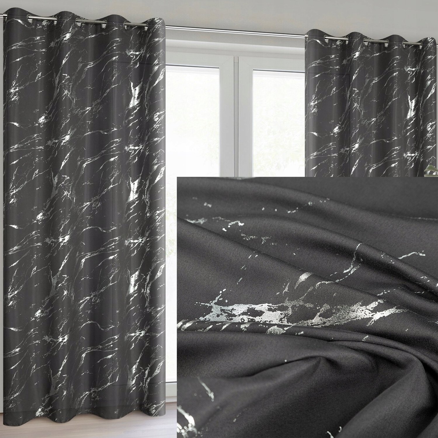 Grafit gordijn met zilveren print - 140x250 cm, met ringen