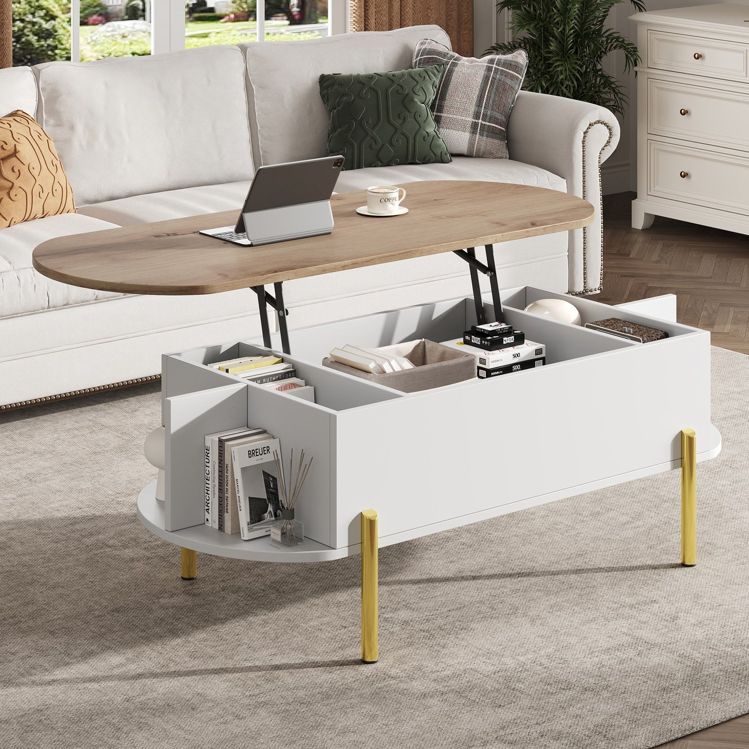 Salontafel met opklapbaar blad - 120x50x43 cm - verborgen opbergruimte - wit en houtkleur
