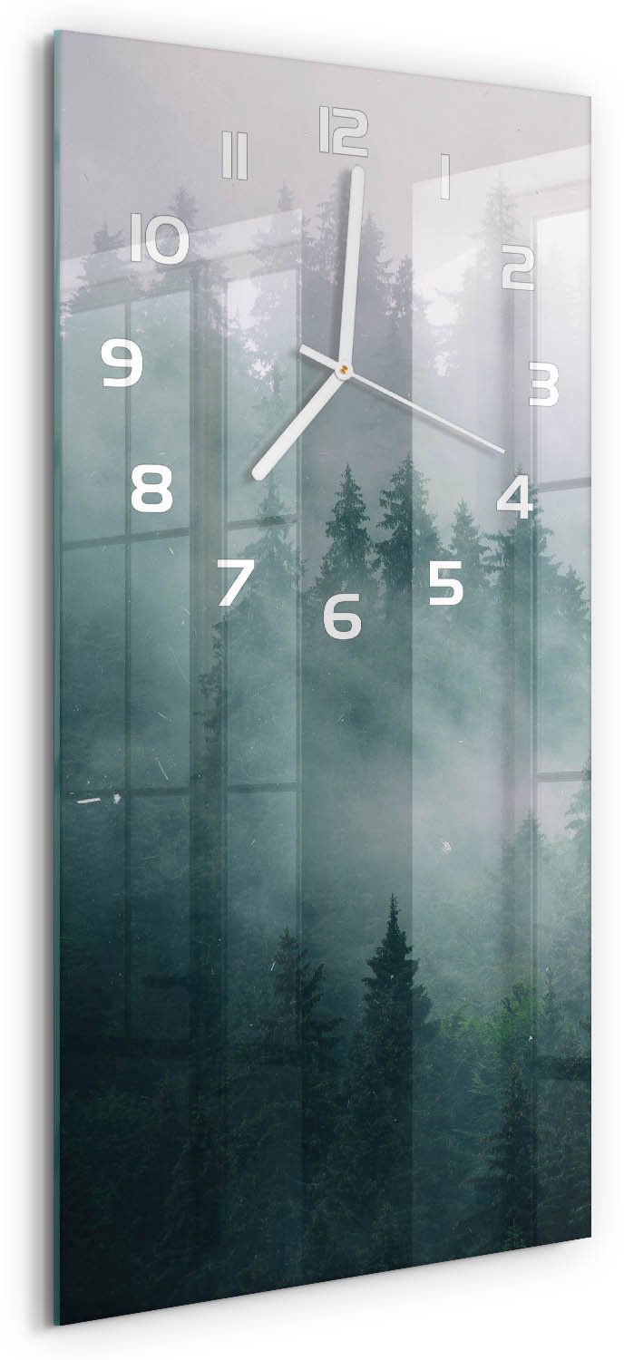 Tulup Wandklok - Mist boven het bos Wandklok Glas Met Motief - 30x60 cm - Grijs Decoratieve Glazen Klok - Witte handen - Rechthoekige Klok - Gekleurde Glazen Klok - Glazen Klok Met Print