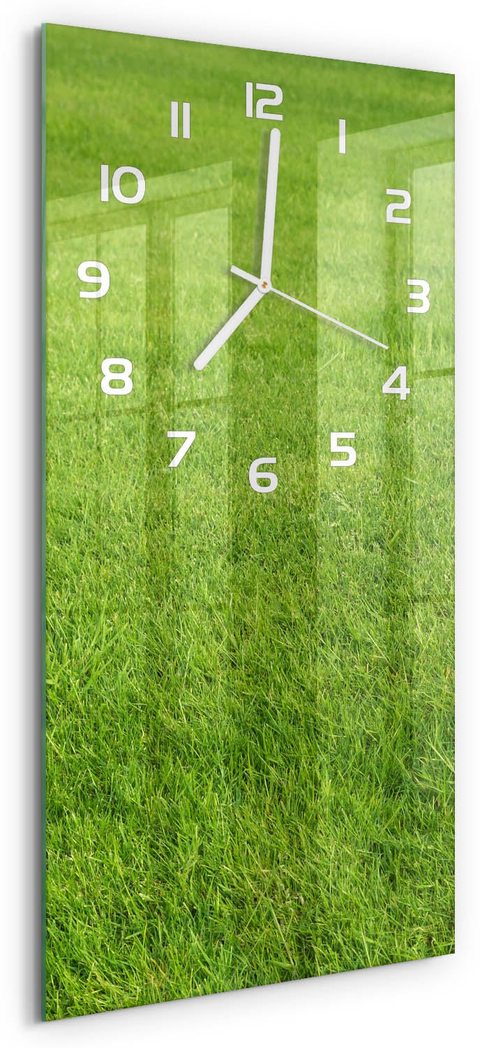 Tulup Wandklok - Groen gras Moderne Wandklok Glas - 30x60 cm - Groente Wandklok Glas Decoratie - Witte handen - Rechthoekige Klok - Glazen Wandklok Design - Klok Glas Met Opdruk