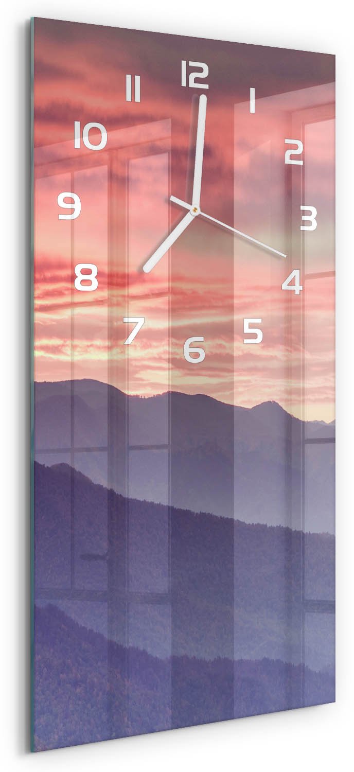 Tulup Wandklok - Bergen bij zonsondergang Glazen Wandklok Design - 30x60 cm - Oranje Klok Glas Met Opdruk - Witte handen - Rechthoekige Klok - Wandklok Glas Met Motief - Decoratieve Glazen Klok