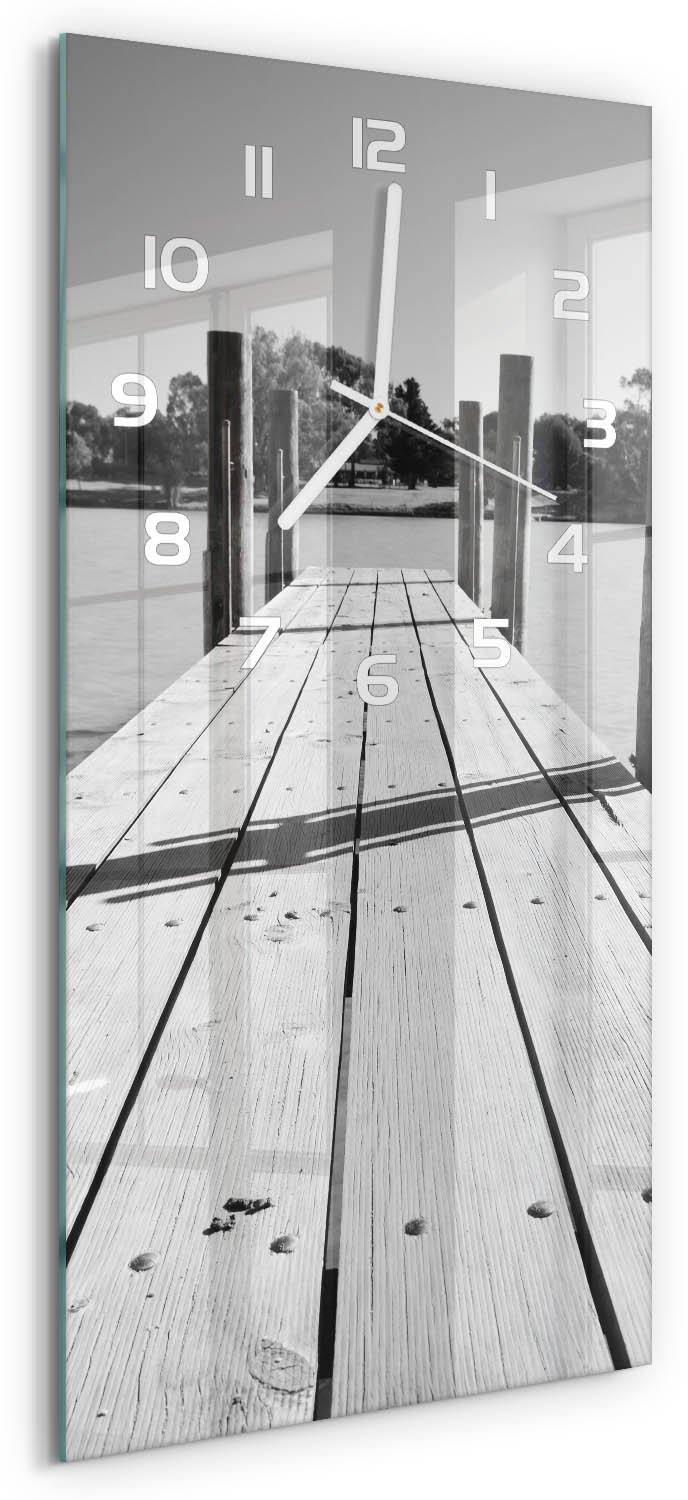 Tulup Wandklok - Houten brug Wandklok Glas Decoratie - 30x60 cm - Zwart-wit Gekleurde Glazen Klok - Witte handen - Rechthoekige Klok - Klok Glas Met Opdruk - Moderne Wandklok Glas