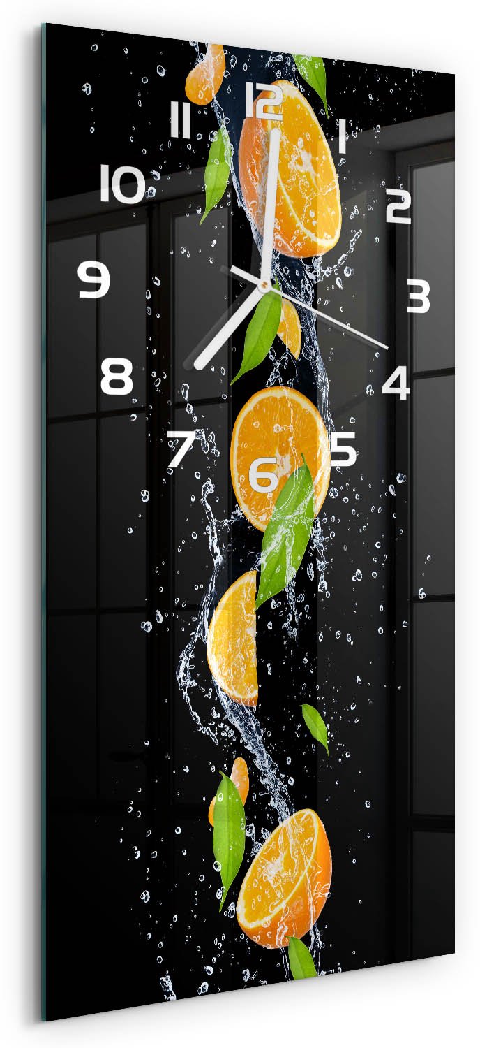 Tulup Wandklok - Sinaasappels en water Wandklok Glas Met Motief - 30x60 cm - Oranje Decoratieve Glazen Klok - Witte handen - Rechthoekige Klok - Gekleurde Glazen Klok - Glazen Klok Met Print