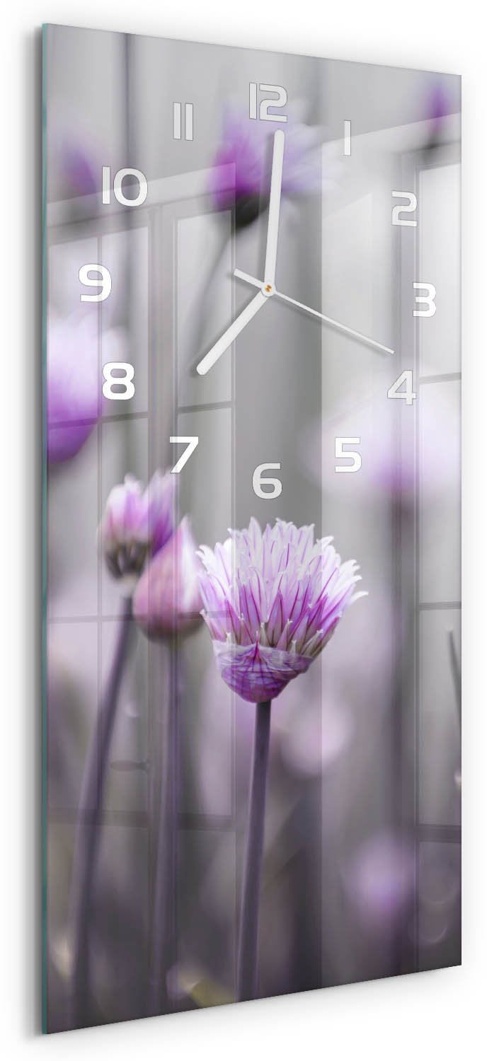 Tulup Wandklok - Bieslookbloemen Moderne Wandklok Glas - 30x60 cm - Paars Wandklok Glas Decoratie - Witte handen - Rechthoekige Klok - Glazen Wandklok Design - Klok Glas Met Opdruk