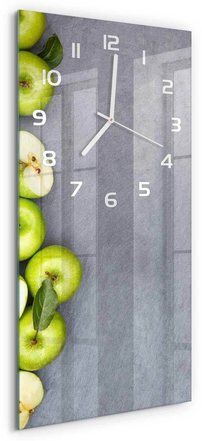 Tulup Wandklok - Groene appels Glazen Wandklok Design - 30x60 cm - Groente Klok Glas Met Opdruk - Witte handen - Rechthoekige Klok - Wandklok Glas Met Motief - Decoratieve Glazen Klok