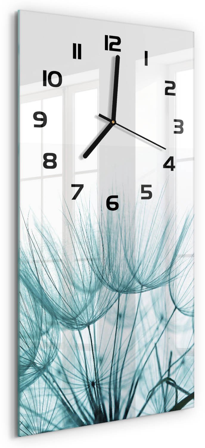 Tulup Wandklok - Paardenbloemzaden Decoratieve Glazen Klok - 30x60 cm - Wit Glazen Wandklok Design - Zwarte handen - Rechthoekige Klok - Glazen Klok Met Print - Wandklok Glas Met Motief