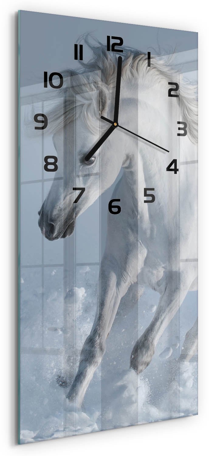 Tulup Wandklok - Galopperend grijs paard Glazen Wandklok Design - 30x60 cm - Wit Klok Glas Met Opdruk - Zwarte handen - Rechthoekige Klok - Wandklok Glas Met Motief - Decoratieve Glazen Klok