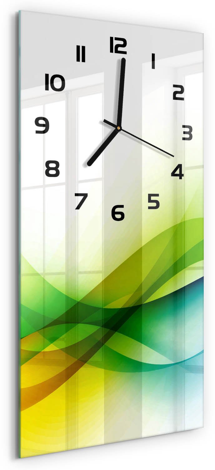 Tulup Wandklok - Golfabstractie Klok Glas Met Opdruk - 30x60 cm - Veelkleurig Moderne Wandklok Glas - Zwarte handen - Rechthoekige Klok - Decoratieve Glazen Klok - Glazen Wandklok Design